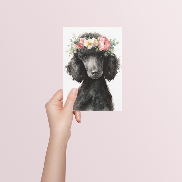 Watercolor Black Poodle with Flowers Crown Portrait Wall Art Print - Unframed - Picture 5 of 6